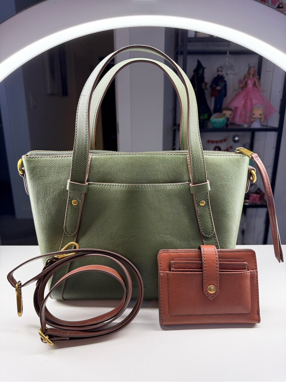 Fossil Green Leather Tote with Brown Wallet and Strap